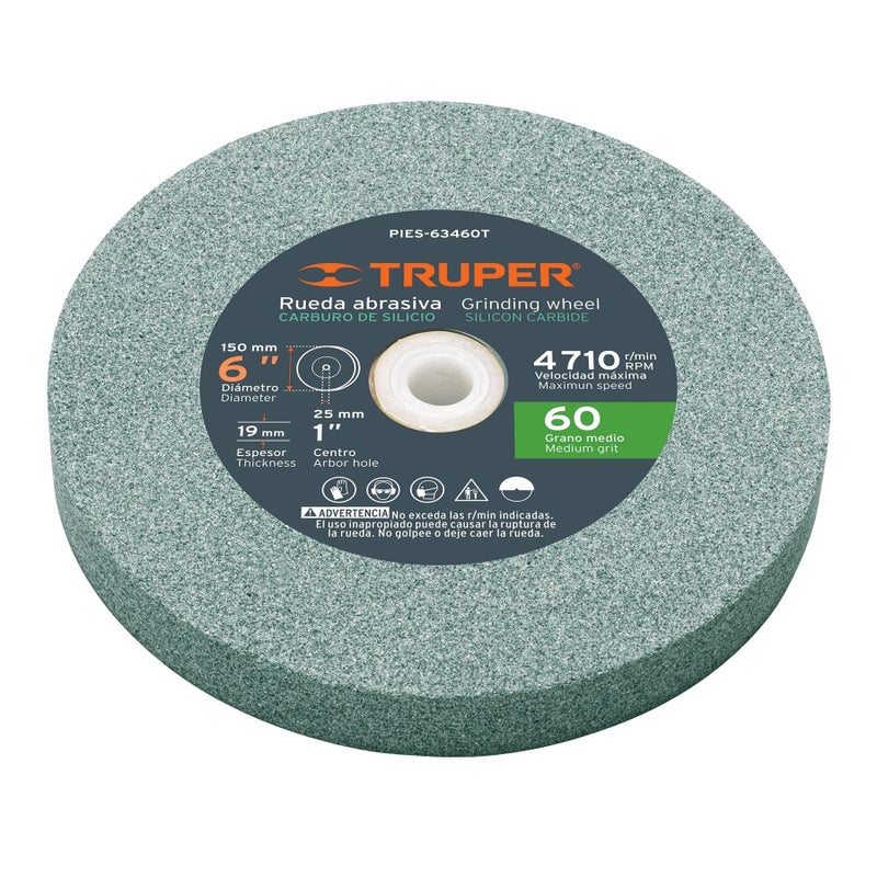 TRUPER PIES-63460T 6" Silicon Carbide Bench Grinding Wheels. Grit=60, Thickness=3/4", Drill=1". 1 Pack - Image 1